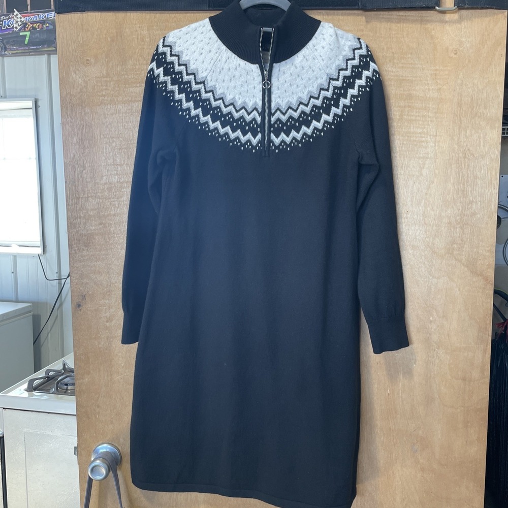 Talbotts Black Fair Isle‎ Print Sweater Dress Long Sleeve Size M Cotton Blend